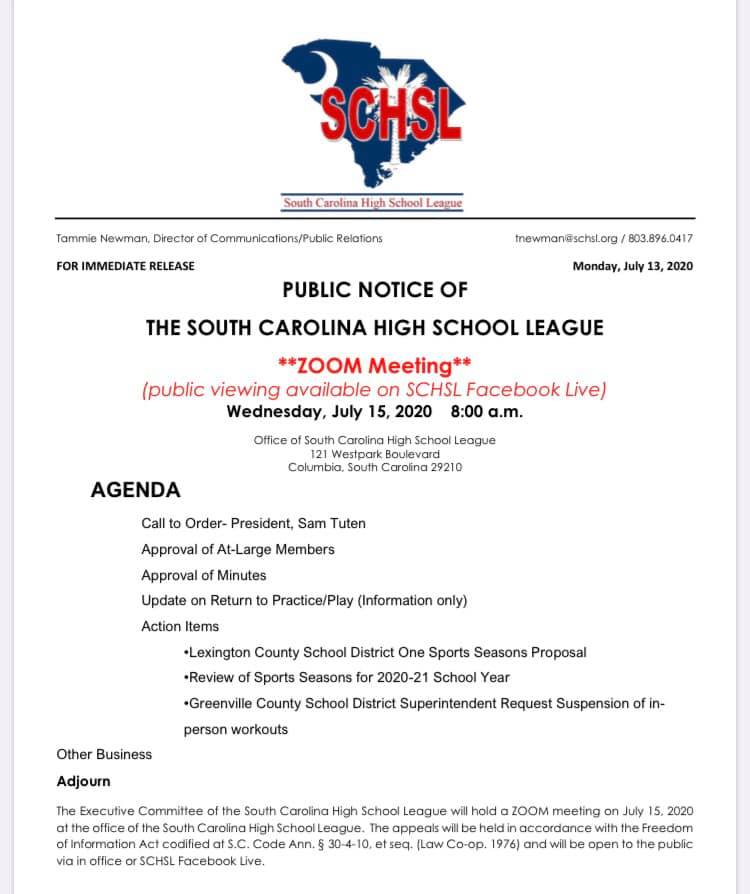 South Carolina High School League to Hold Public Meeting via Zoom to ...